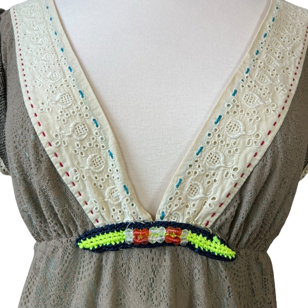 Free People Vintage Brown Lace Deep V Neckline Mini Dress - Picture 2 of 13